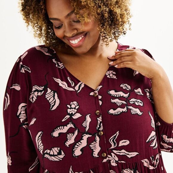 Sonoma 3/4 Sleeve Button Front Maxi Dress Plum Mauve Floral Plus Size 3X - Picture 3 of 12